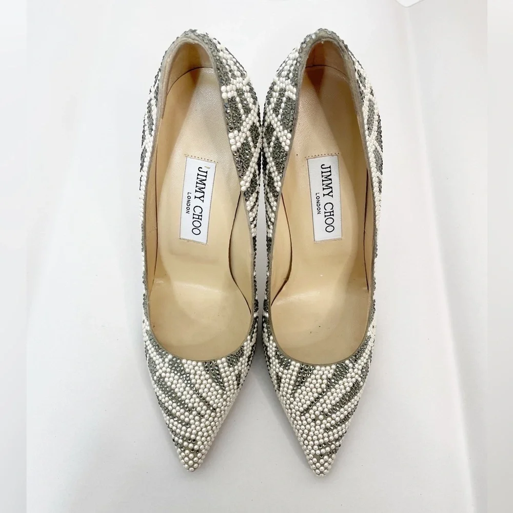 Jimmy Choo Anouk Pearl Crystal Suede Embellished Heel Pumps